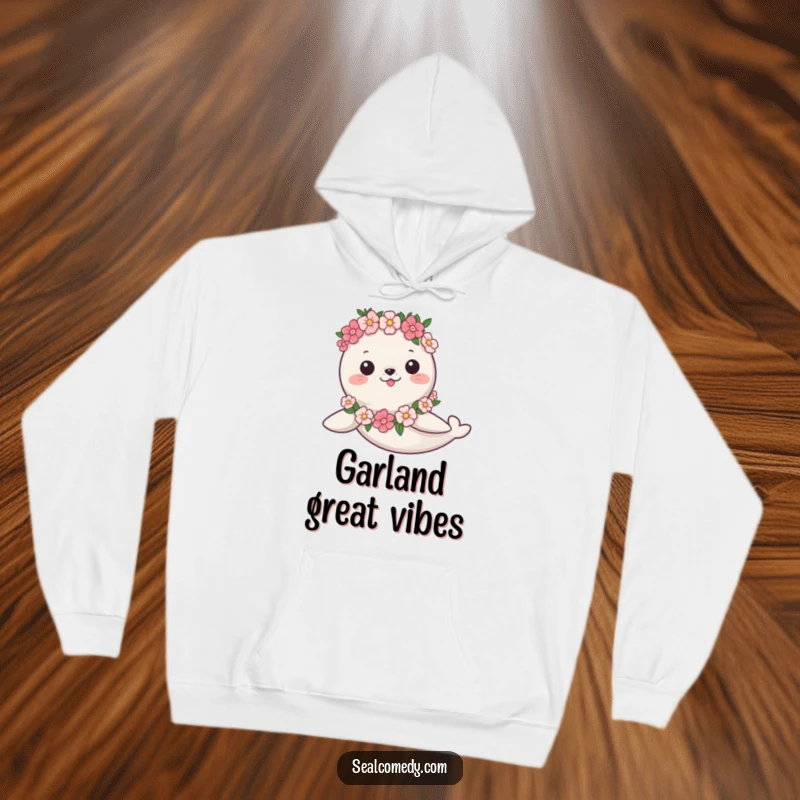 Funny Hoodie: A seal in a flower garland swims with grace, depicted in a humorous and heartwarming design.