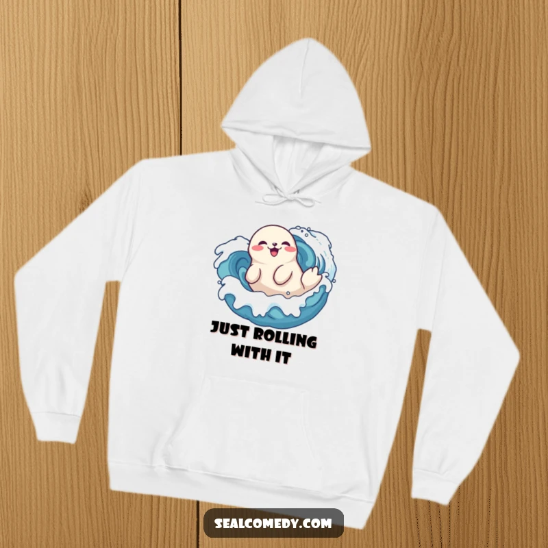 Funny seal hoodie doing a playful roll in stylized waves, a delighted marine mammal enjoying the ocean, cozy wear.