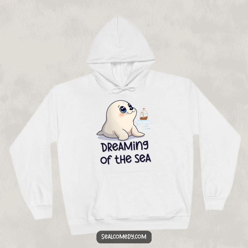 Funny hoodie with a seal character possessing large, innocent eyes, watching a ship on the horizon, a cozy and humorous design.