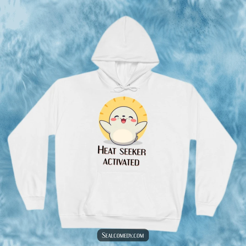 Funny basking seal hoodie with flippers extended, offering cozy comfort and radiating joyful, sunny relaxation for animal and nature lovers.