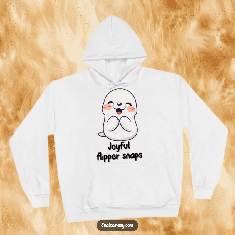 Funny seal hoodie showing a cute character clapping its flippers together joyfully, providing warmth and celebration. Great funny gift.