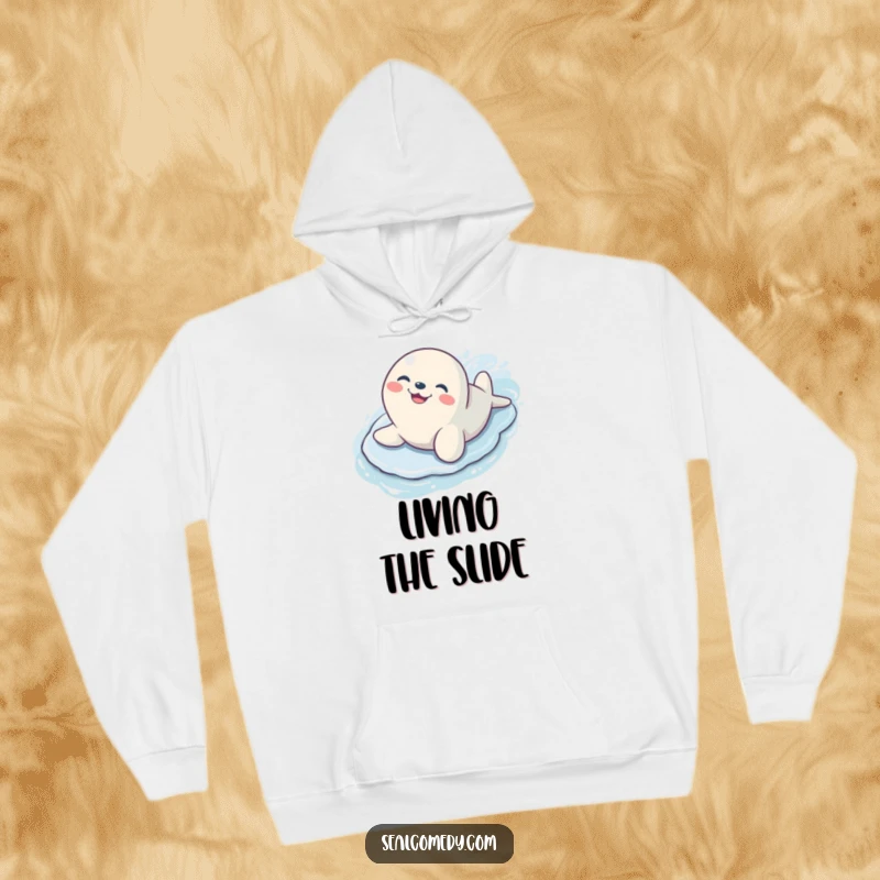Funny seal with a wide, joyful grin sliding down a slick surface, a cozy and humorous design.
