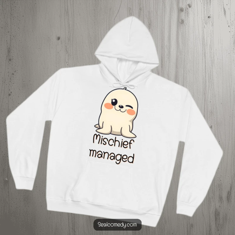 Funny hoodie featuring a seal winking with a mischievous grin, offering comfort and a dash of playful humor.
