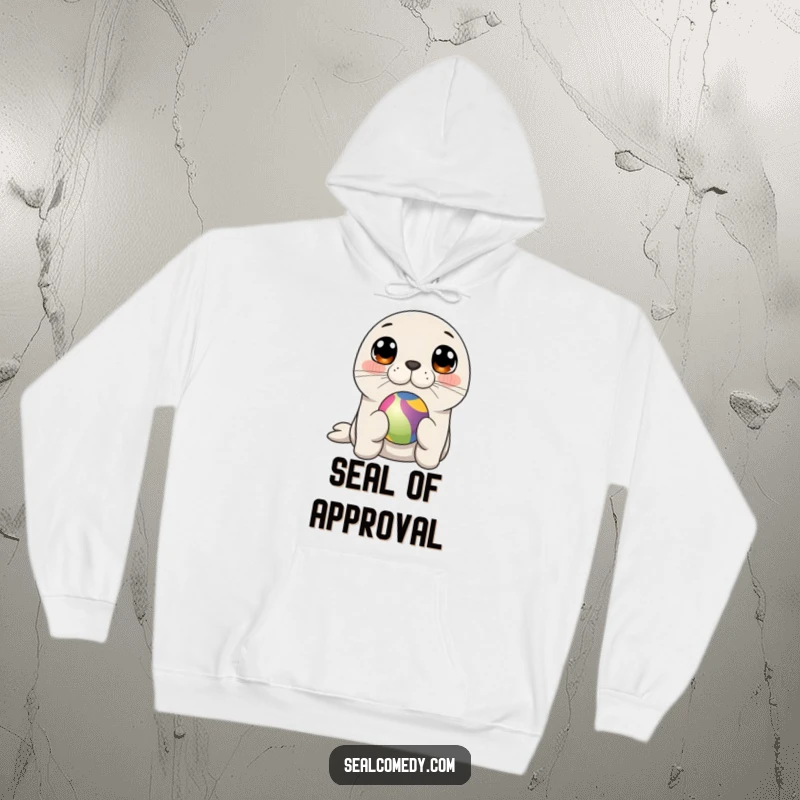 Funny seal with curious eyes perfectly balancing a vibrant ball on its nose, looking incredibly cute and funny.