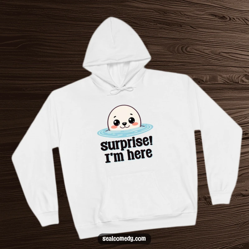 Funny seal hoodie featuring a curious seal peeking out of the water with wide eyes, a warm and humorous apparel item.