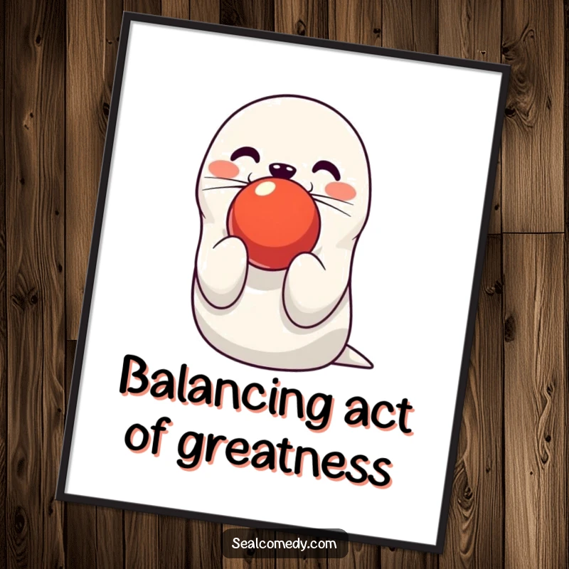 Funny Free Printable Wall Art: Cute seal character with perfect balance, a bright red ball perched on its nose.