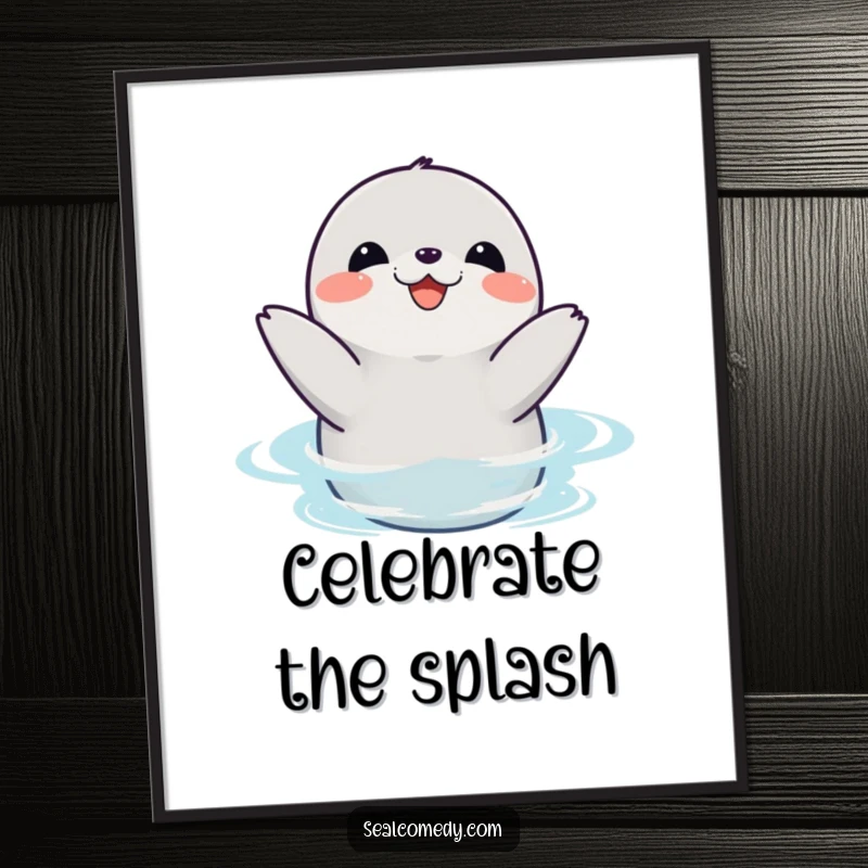 Funny Free Printable Wall Art of a playful seal joyfully clapping its flippers in the water, radiating pure happiness.