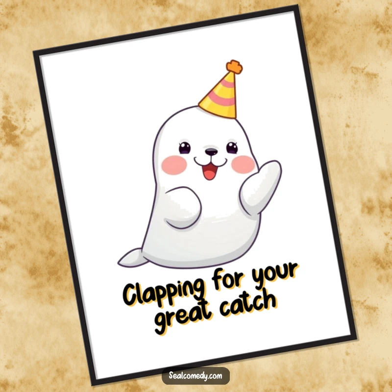Funny Free Printable Wall Art: A seal wearing a tiny party hat claps flippers joyfully, ready for a celebration.