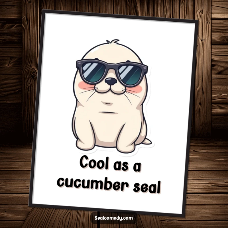 Funny free printable seal wall art, a seal wearing tiny sunglasses, looking cool and relaxed, adding style to decor.