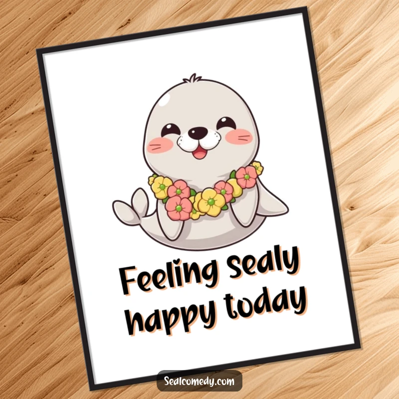Funny Free Printable Wall Art: A happy seal wearing a seaweed lei, bringing a humorous and tropical vibe to decor.