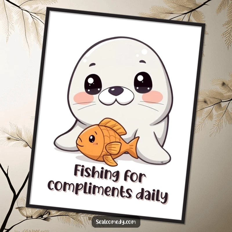 Funny Free Printable Wall Art: A seal with wide, innocent eyes peers curiously at a floating fish toy.