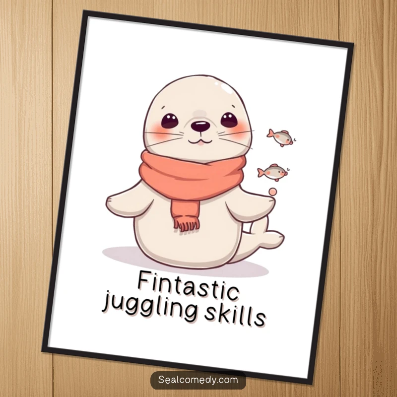 Funny Free Printable Wall Art: A seal wearing a small scarf skillfully juggles multiple tiny fish in a comical display.