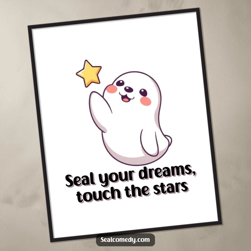 Funny Free Printable Seal Wall Art: Playful seal reaching out a flipper to touch a floating star icon, downloadable art.