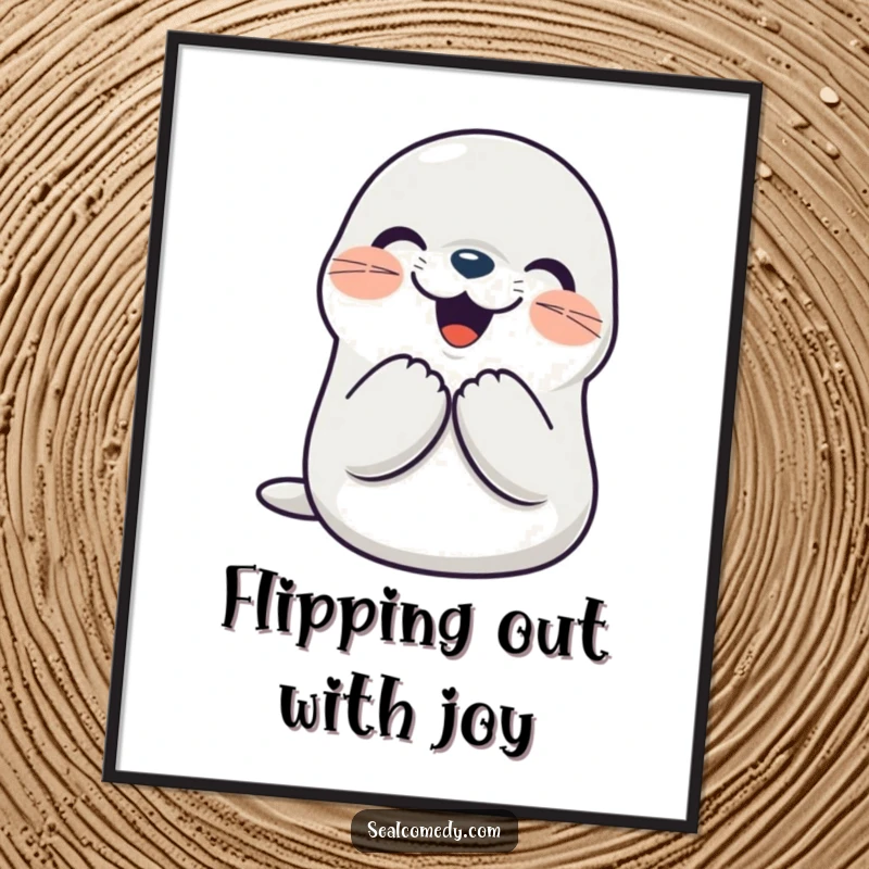 Funny Free Printable Wall Art: A seal character beaming with a wide smile, clapping its flippers together in pure joy.