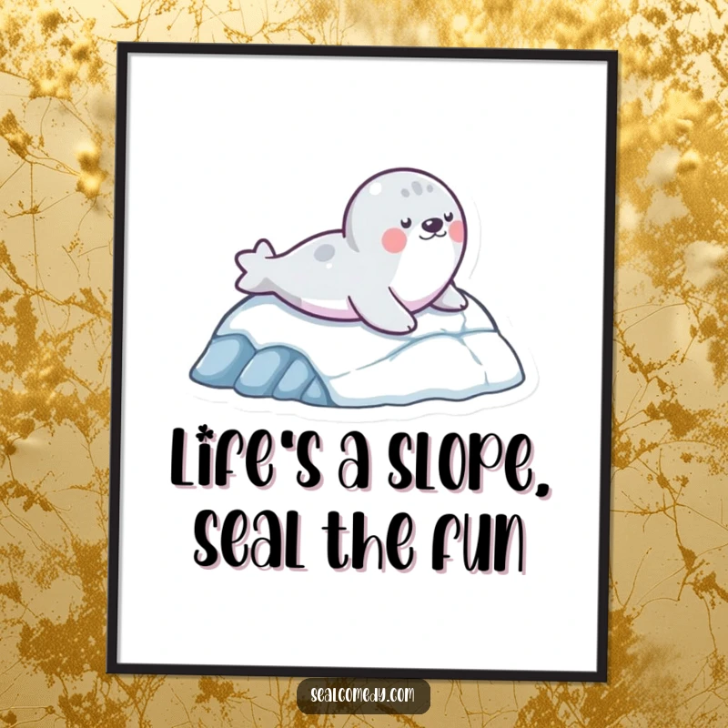 Funny Free Printable Wall Art: A playful seal character sliding down an icy slope, great DIY wall art.