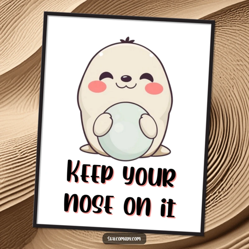 Funny Free Printable Wall Art: A smiling seal is focused on balancing a ball perfectly on its nose.