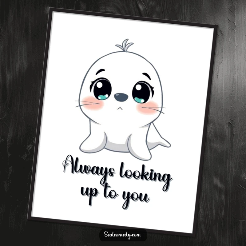 Funny Free Printable Wall Art: Seal gazing upwards with incredibly wide, excited eyes, full of wonder. Quirky DIY decor.
