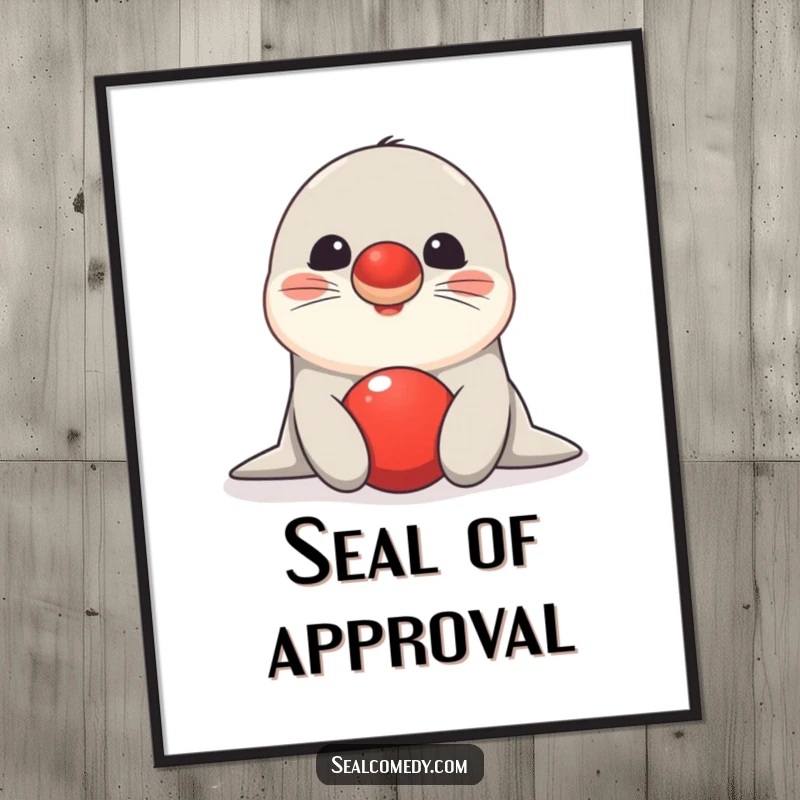 Funny Free Printable Wall Art of a happy seal demonstrating incredible poise by balancing a bright red ball on its nose.