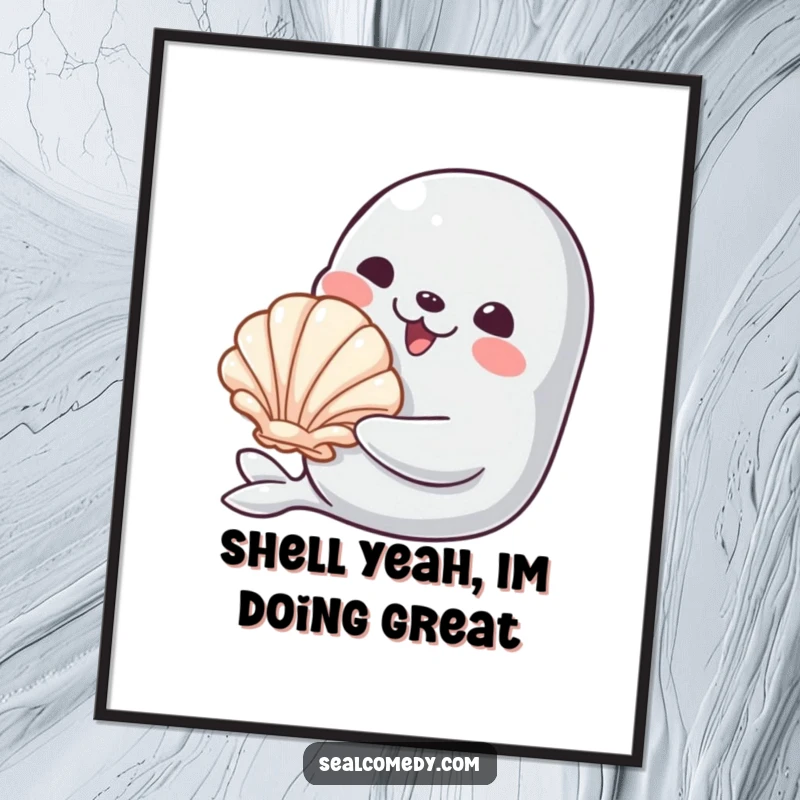Funny Free Printable Wall Art: A seal with a gentle smile presents a single, shiny seashell, radiating warmth and charm. DIY decor.
