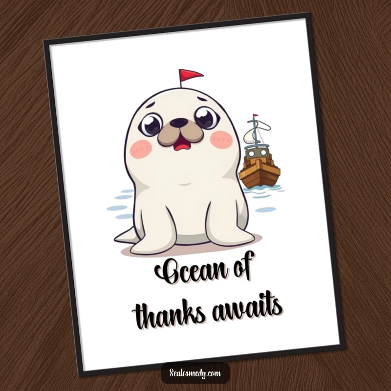 Funny Free Printable Wall Art: A surprised seal with huge eyes looking at a boat, creating hilarious downloadable home decor.