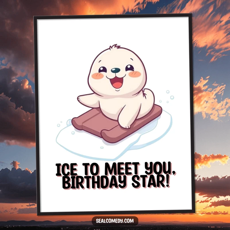 Funny Free Printable Wall Art depicting a seal pup gleefully sliding down an icy slope with a huge smile.