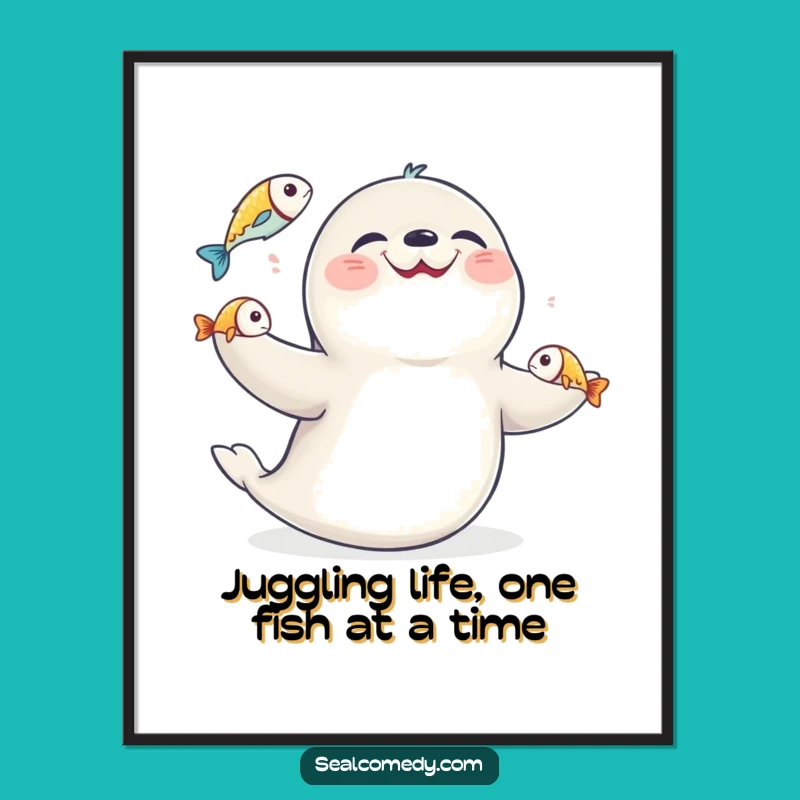 Free Printable Wall Art: Giggling Seal Juggling Fish, Hilarious Downloadable Decor