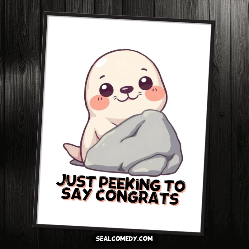 Funny Free Printable Wall Art: A seal with wide, curious eyes peeking from behind a rock formation. Unique downloadable art.