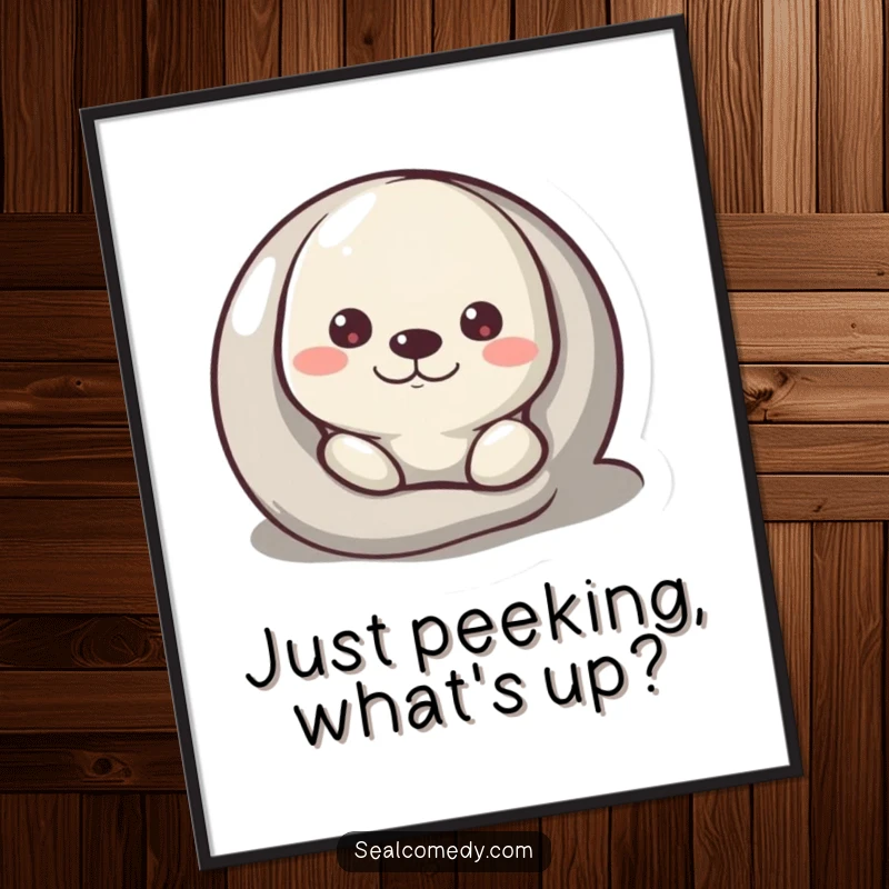 Funny Free Printable wall art: A curious seal peeks from behind a smooth pebble, adding a touch of playful wonder.