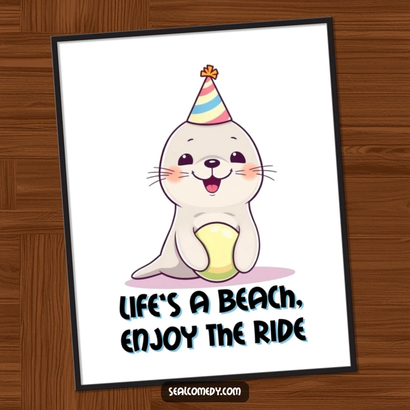 Funny Free Printable Wall Art: A seal pup in a party hat juggles a ball, radiating pure, unadulterated joy and humor.