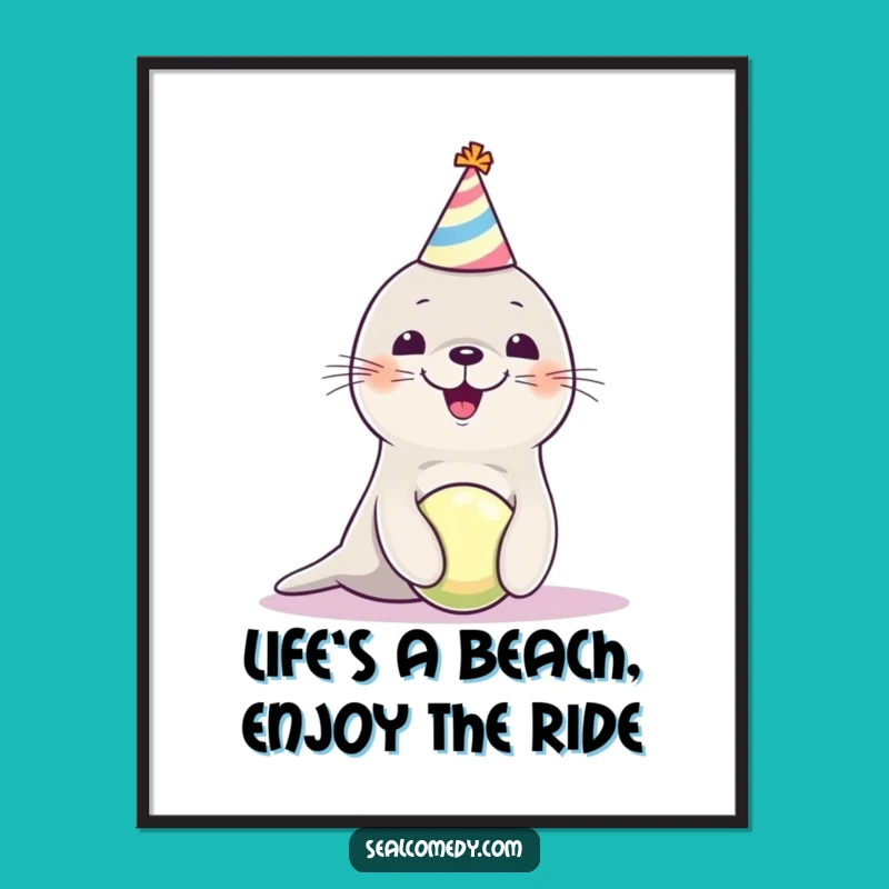 Free Printable Wall Art: Funny Seal Pup Party Hat Balancing Ball Humorous Downloadable