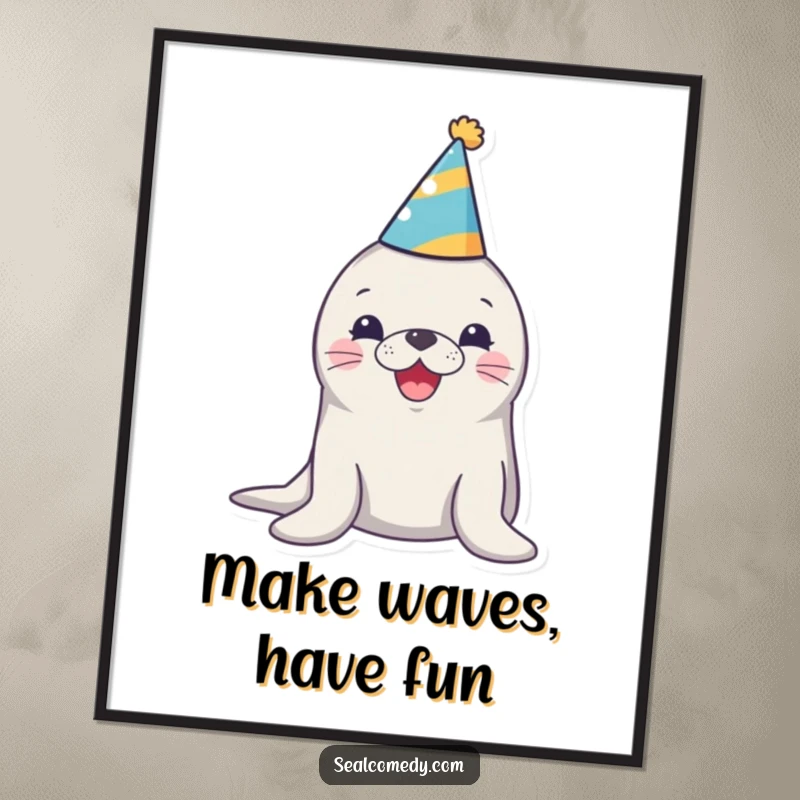 Funny free printable wall art: A seal sporting a party hat, honking with pure joy, adding a festive vibe.