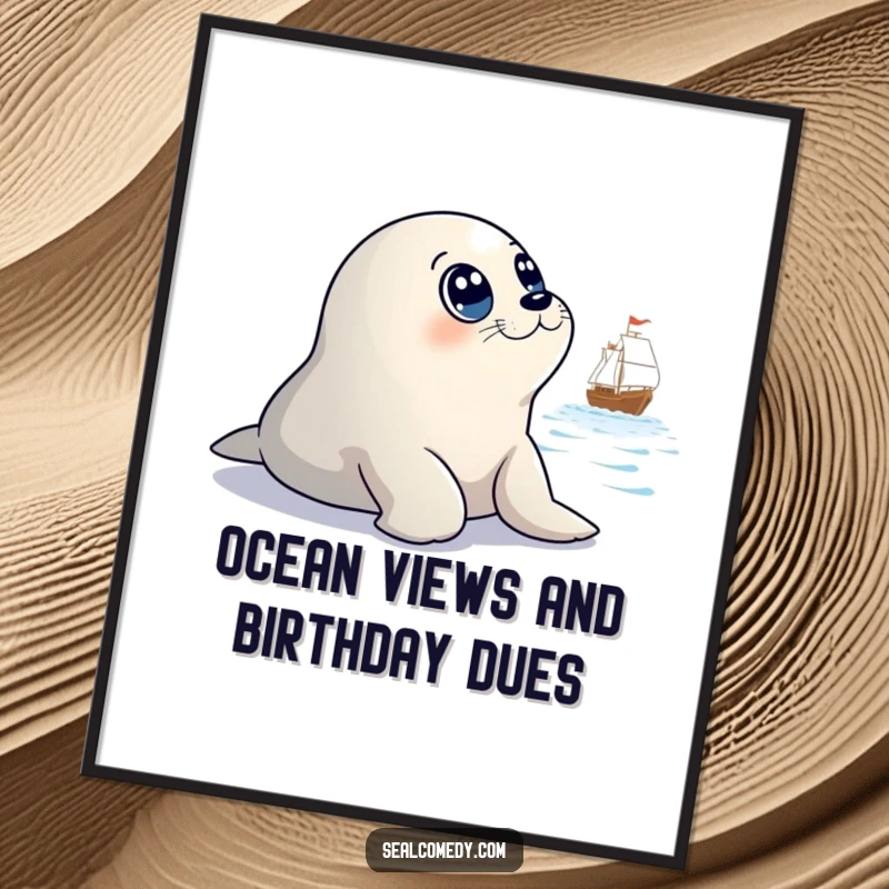 Funny Free Printable Wall Art: Wide-eyed seal staring at a distant ship, bringing a smile.