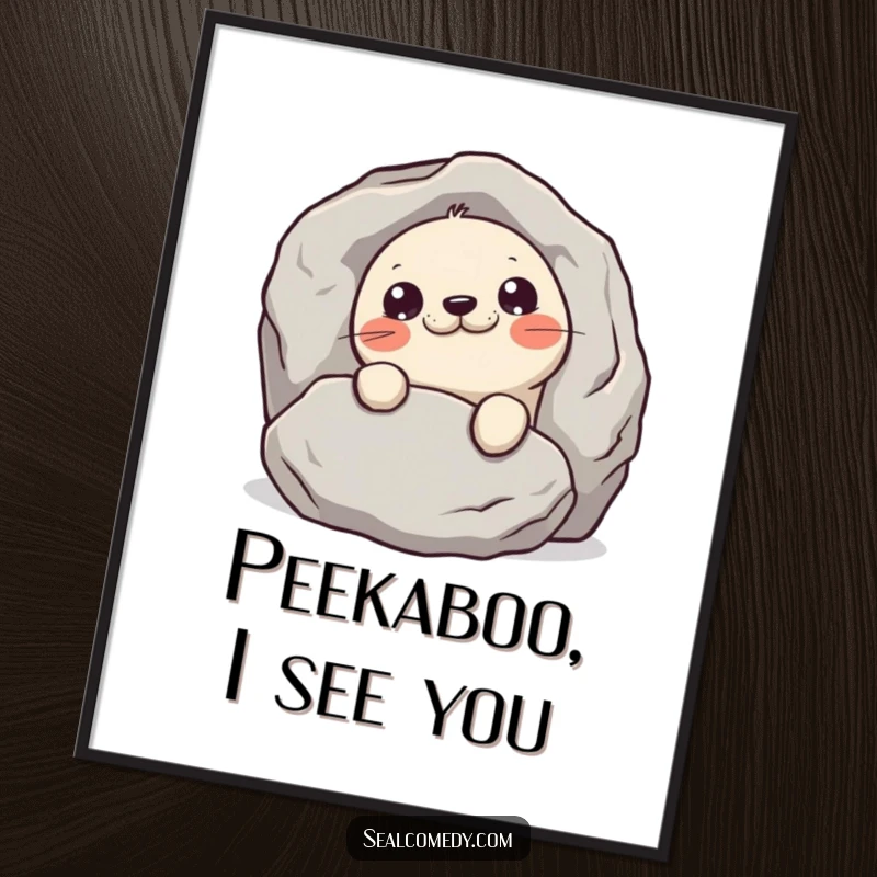 Funny Free Printable Wall Art: A mischievous seal peeking from behind a large rock, adding humorous downloadable art to your walls.