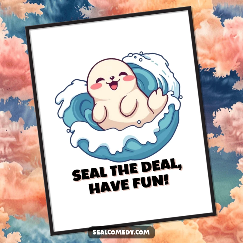 Funny free printable seal wall art, a delighted seal playfully rolling amongst stylized waves, bringing joy to any room.