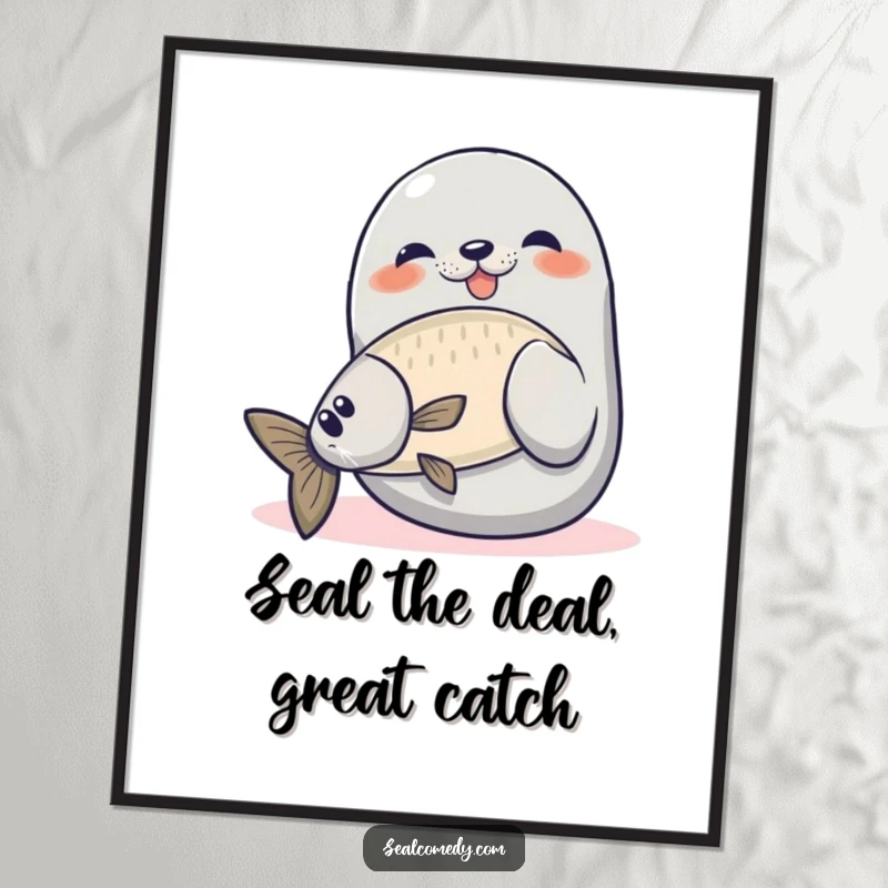 Funny Free Printable Seal Wall Art, a proud seal catching a fish, perfect downloadable decor.