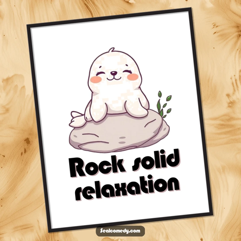Funny Free Printable Seal Wall Art: A happy seal relaxes on a rock, sunbathing with a content expression.