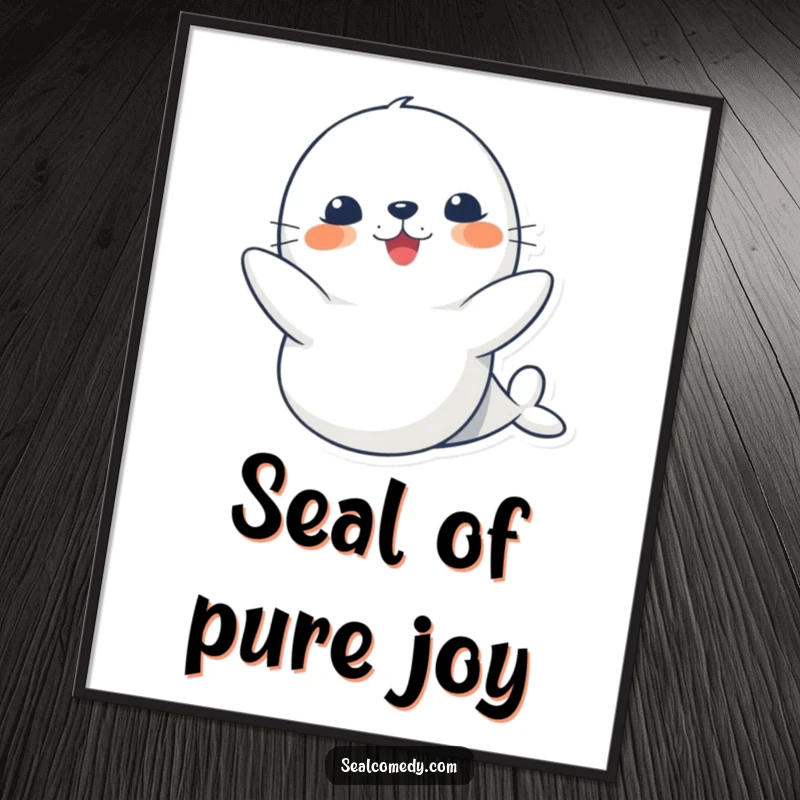 Funny Free Printable Wall Art: A cute seal is captured mid-clap with its flippers, looking joyfully enthusiastic.