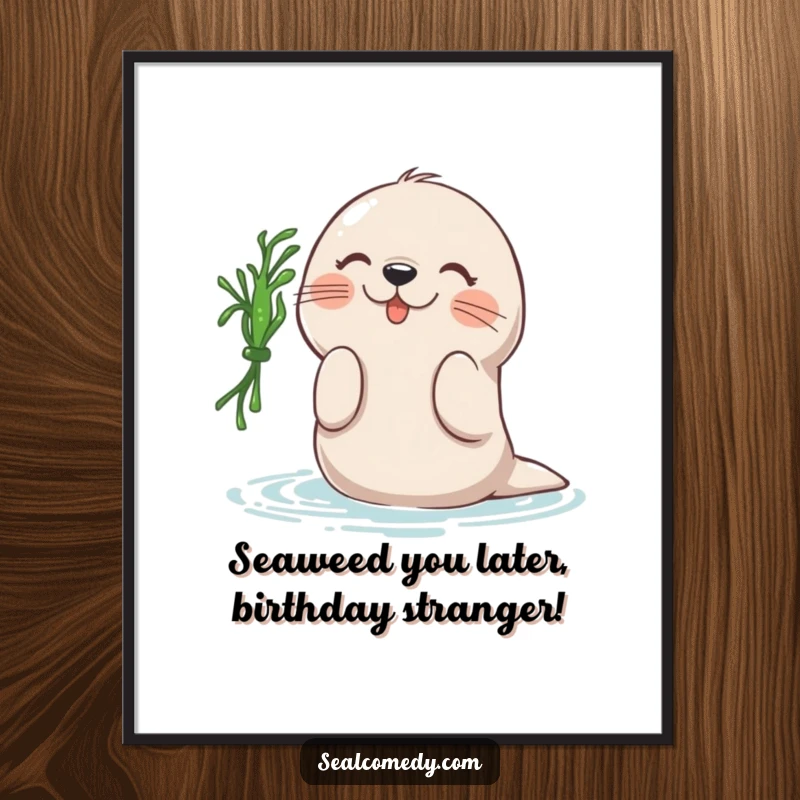 Funny Free Printable Wall Art: Energetic seal joyfully batting a piece of floating seaweed.