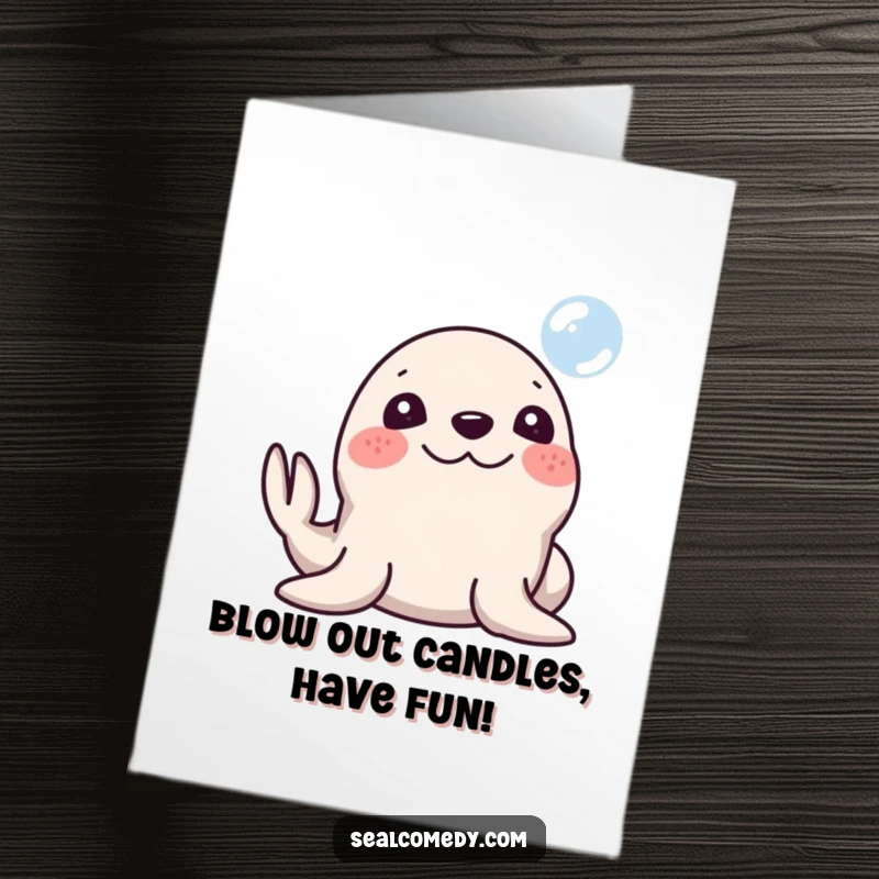 Funny free printable birthday card of a silly seal smiling and honking its nose at a floating bubble.