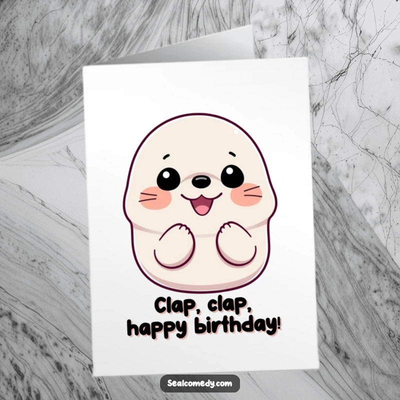 Funny Free Printable Birthday Card: A happy seal with a wide smile clapping its flippers together with great enthusiasm.
