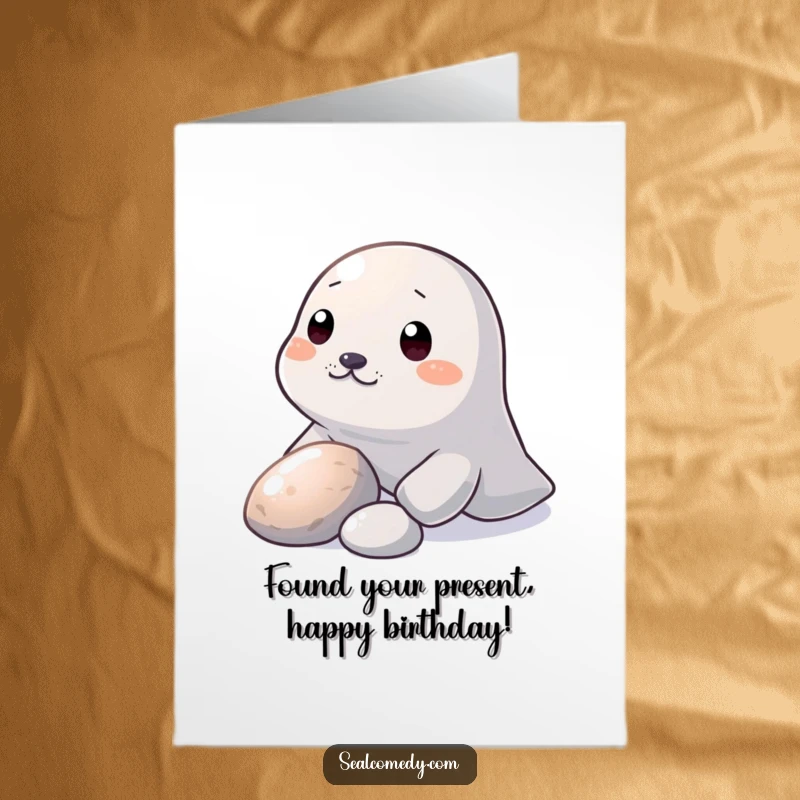 Funny Free Printable Birthday Card: A seal gently nudging a shiny pebble with its snout underwater.