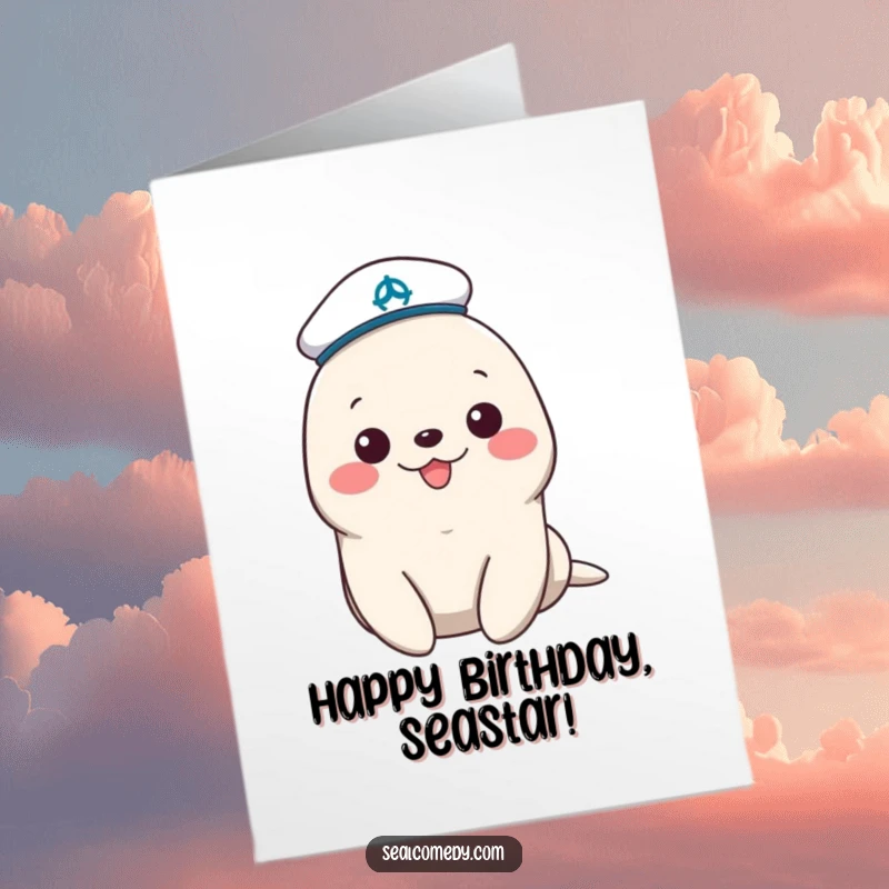 Funny free printable birthday card, cheerful seal wearing a tiny sailor hat, happy birthday wishes.