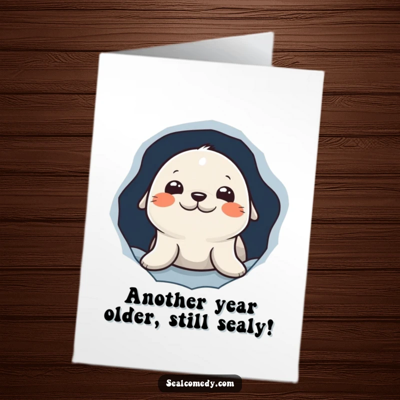 Funny Free Printable Birthday Card: Curious seal character peeking out from an ice hole, ready to wish a happy birthday.