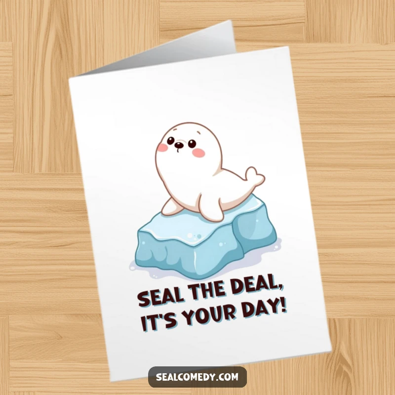 Funny Free Printable Birthday Card: Playful seal character joyfully sliding down an icy slope, embodying birthday cheer.