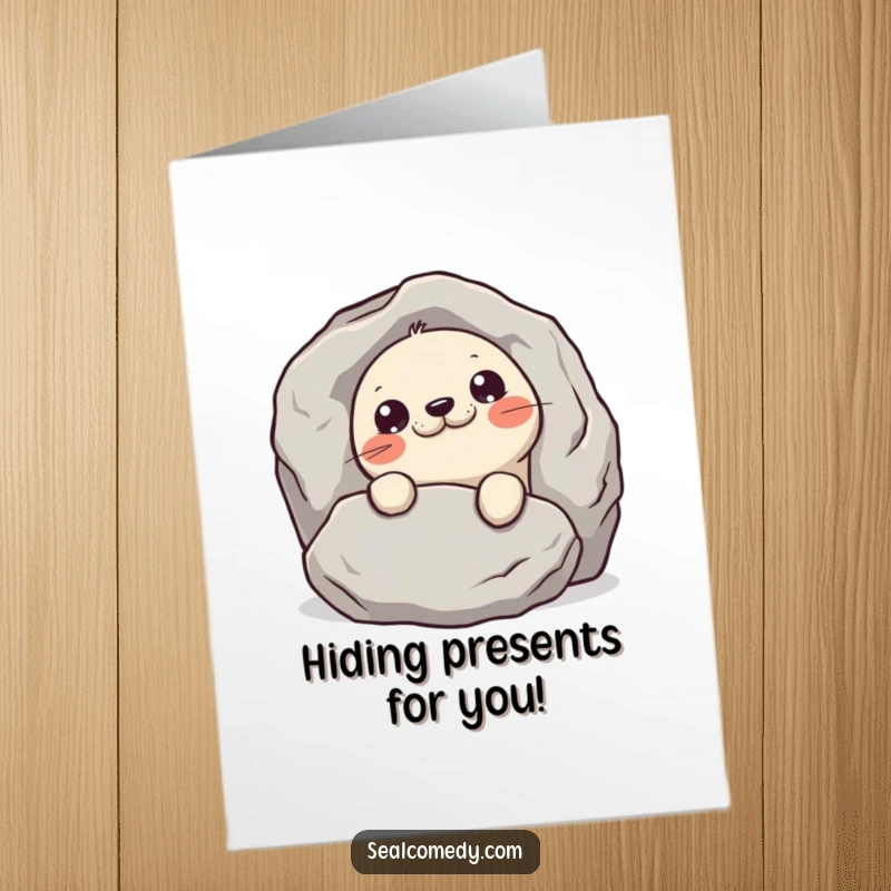 Funny Free Printable Birthday Card: A mischievous seal peeking playfully from behind a large rock, ideal for a birthday surprise.