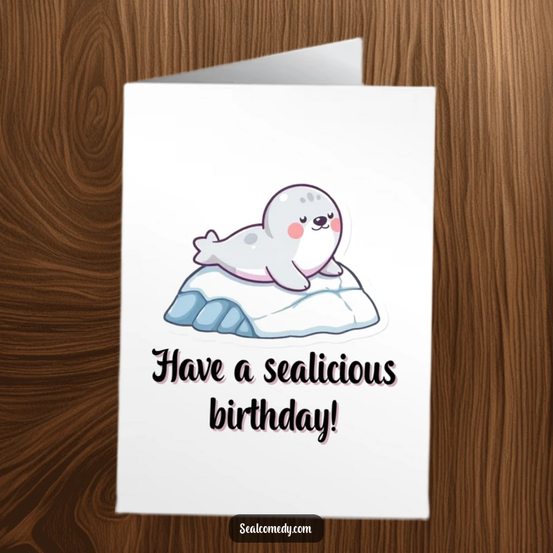 Funny Free Printable Birthday Card: A playful seal character sliding down an icy slope, perfect for a DIY wish.