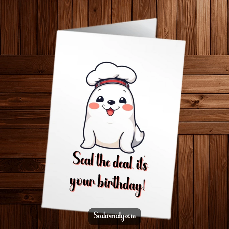 Funny free printable birthday card: A cheerful seal in a tiny chef hat, ready to serve up laughs and delicious wishes.