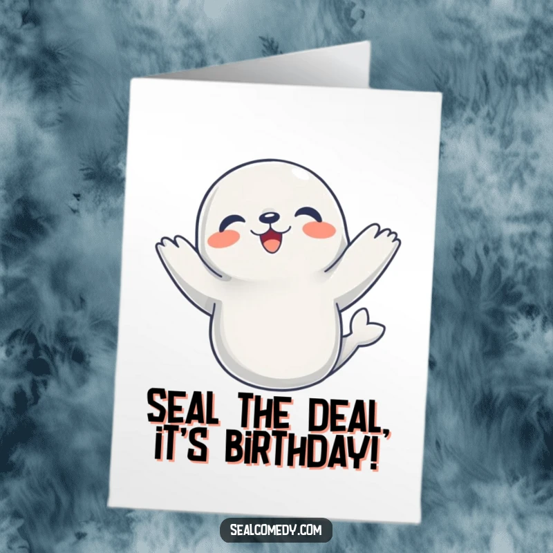 Funny Free Printable Happy Birthday card: A joyful seal dances ecstatically with flippers in the air, spreading birthday cheer.