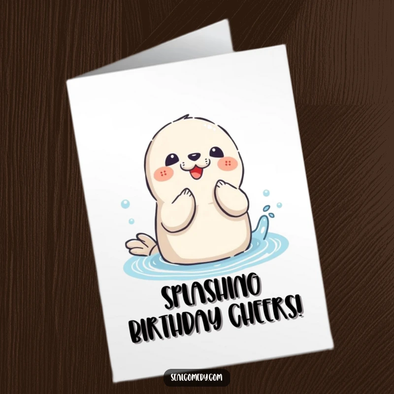 Funny Free Printable Seal Birthday Card: Playful seal clapping flippers, splashing happily, celebratory.
