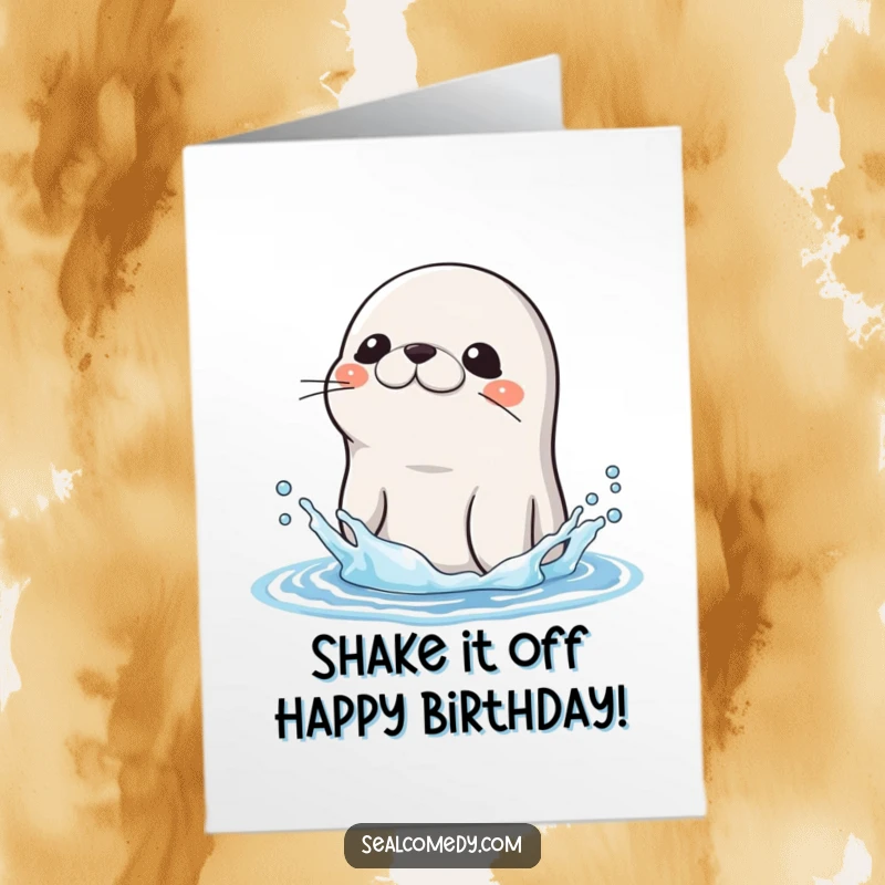 Funny Free Printable Birthday Card: A wet seal with slick fur dramatically shakes water droplets off its head, full of energy.
